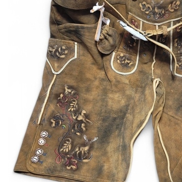 AlpsOak Mens Leather Lederhosen Oktoberfest Trachten Wear Brown Embroidered - Picture 5 of 8